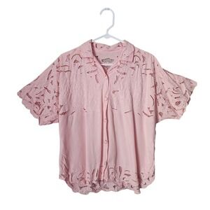 BALI EMERALD VINTAGE Pink Lace Cutout Openwork Festival Blouse boho Top OS